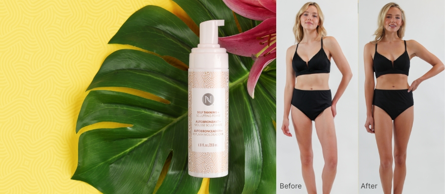 Neora’s 3-in-1 Self Tanning + Sculpting Foam on a leaf with a before and after picture. 